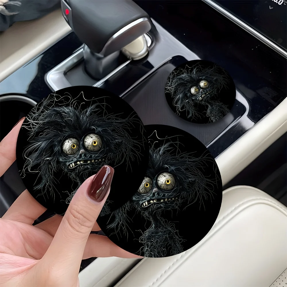2pcs Midnight Fantasy: Split-Iris Phantom Themed Printed Car Coasters - Durable Non-Slip Car Cup Holder Mats With Cute And Cool
