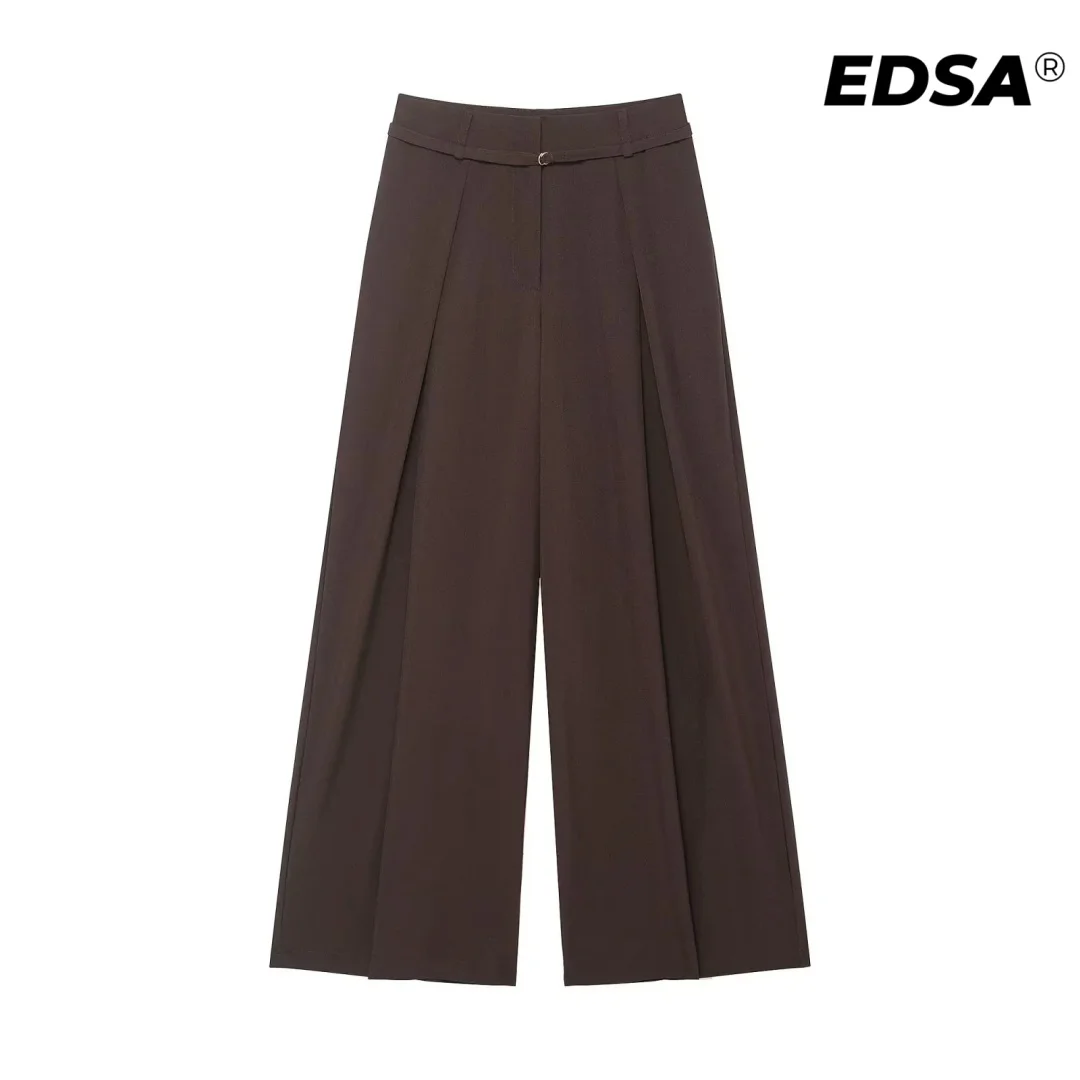 EDSA Women Wide-Leg Loose Trousers with Thin Belt High Waist Solid Color All-Match Long Pants