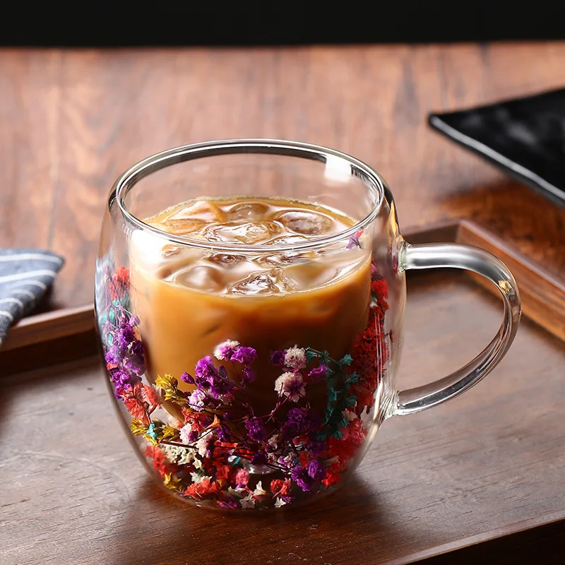 Real flower double-layer glass cup with handle heat-resistant tea coffee cup espresso milk cup creative gift simple style