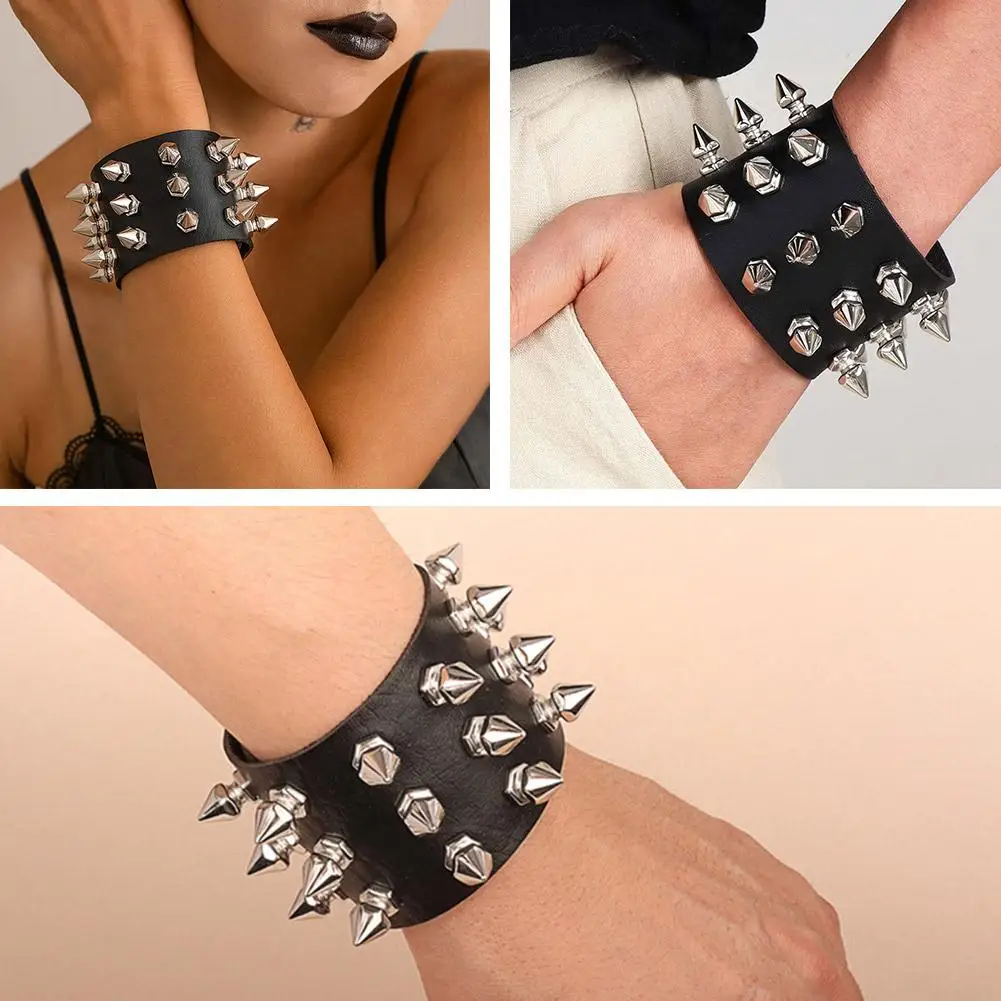 European And American Punk Style Non-mainstream Leather Bracelet Pointed Rivet Three-row Tapered Leather Bracelet E3s3