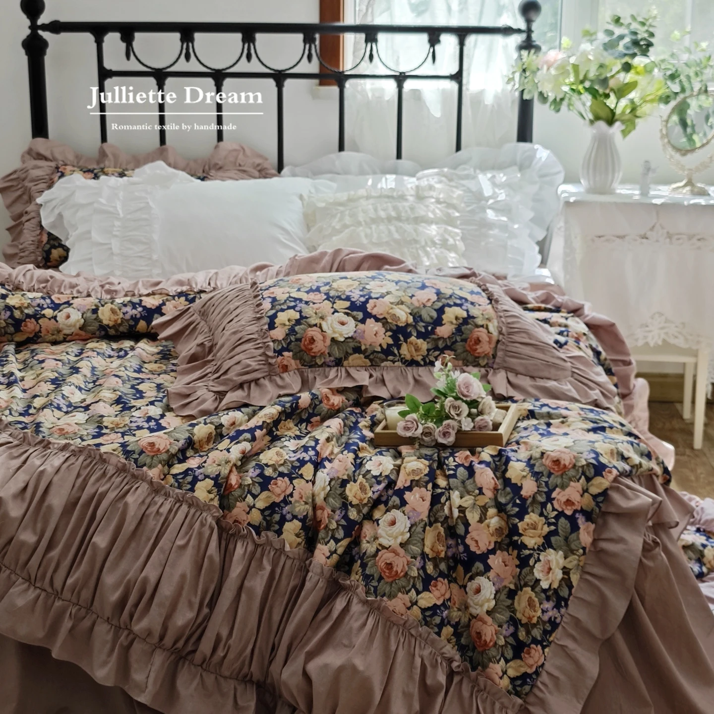 Romantic Floral Bedding Set Garden Rose Duvet Cover Heavy Handmade Wrinkle Design Cotton Bedding With Pillowcase Bed Skirt