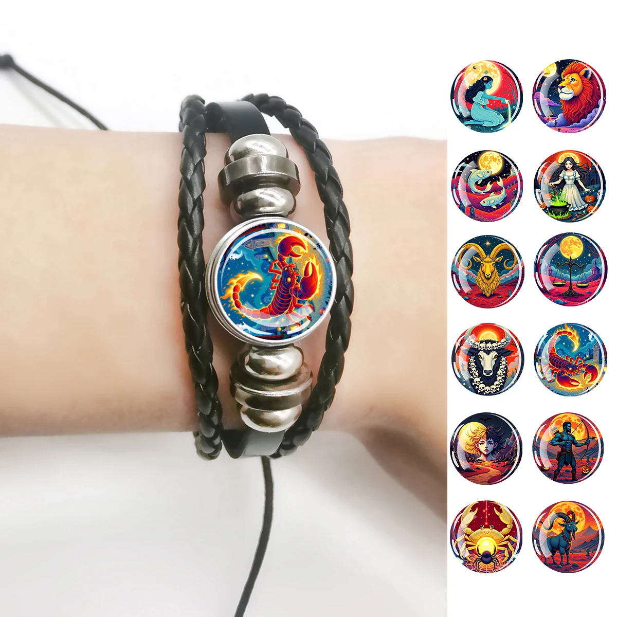 1PC Zodiac Constellation Bracelet, Glass Dome Braided Leather Bracelet, Astrology Birthday Jewelry Gift for Men Women