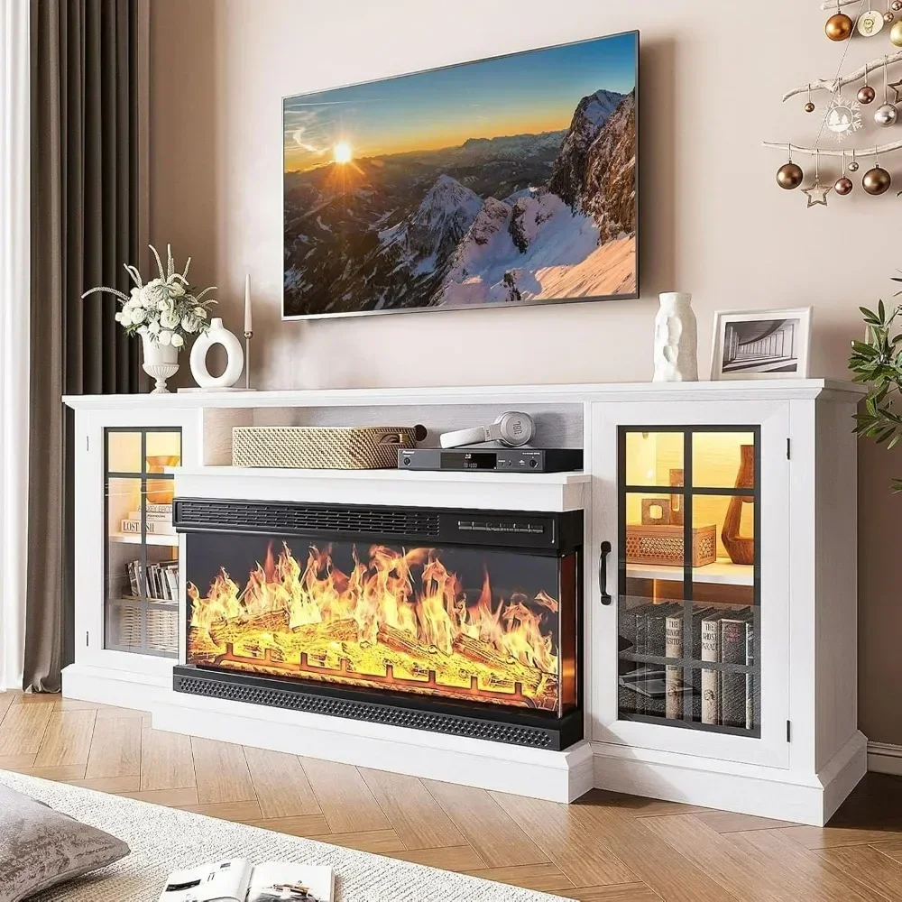 36 Inch 3-Sided Glass Fireplace TV Cabinet, Media Entertainment Center Console Table with Glass Door Storage, Set of TV Table