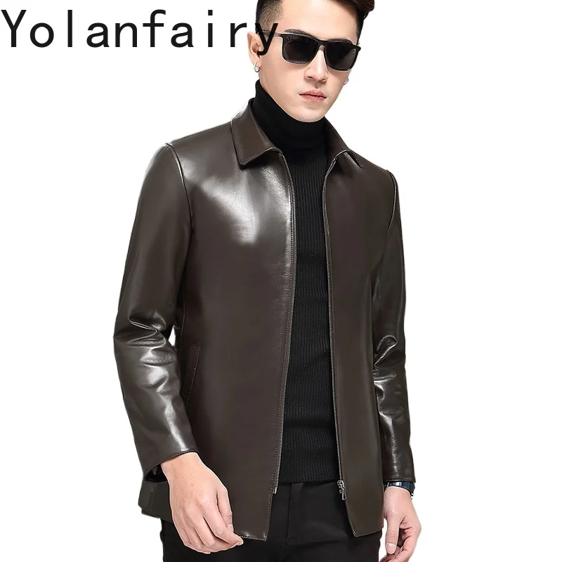 

YOLANFAIRY Куртка из натуральной овчины, мужские коричневые плащи средней длины, мужская одежда, весенне-осенние кожаные куртки