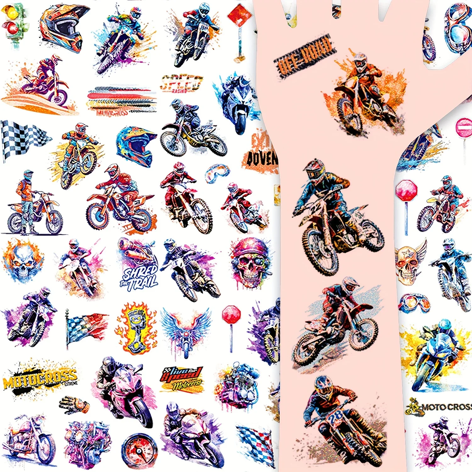 12pcs Glitter Temporary Tattoo Stickers Cartoon Motorcycle Series Makeup Fake Tattoos Dirty Bike Motorcross Party Decorations