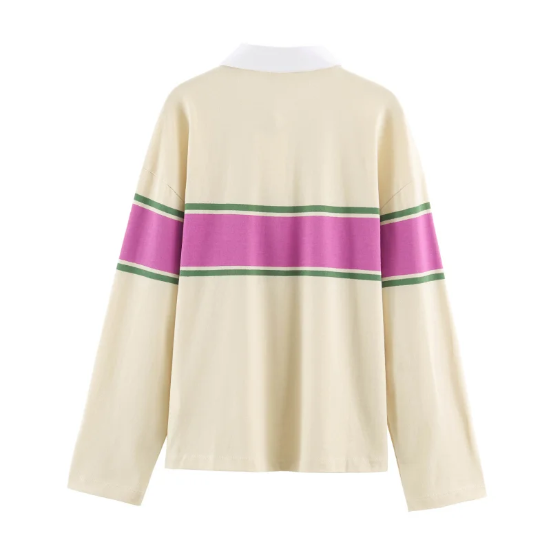 Damen Colorblock Gestreiftes Poloshirt Weiß Kontrastkragen Halbe Knopfleiste Langarm Locker Sitzend Lässiger Pullover T-Shirt Oberteil – Detail 10