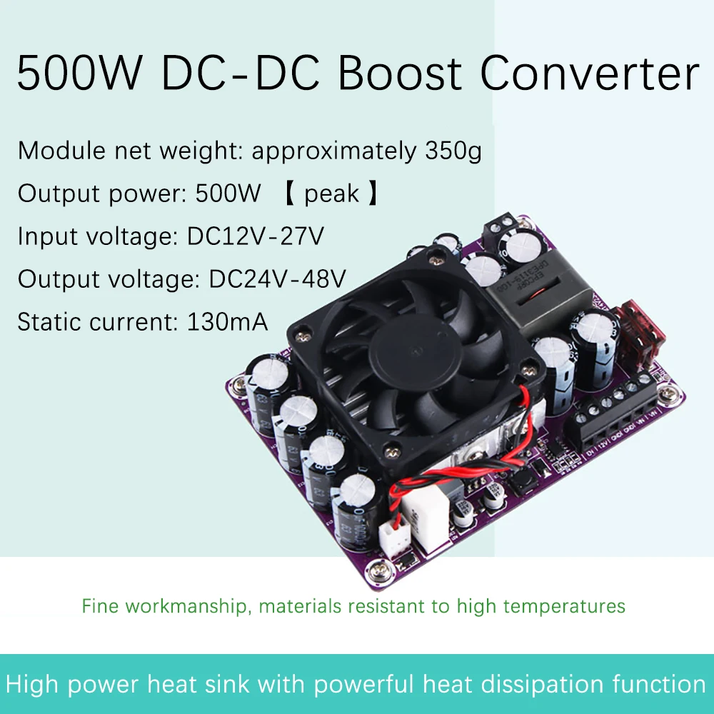 

500W Step-up Boost Converter DC-DC 12V-24V to 24V-50V Power Supply Module with Cooling Fan for Audio Amplifier in Car