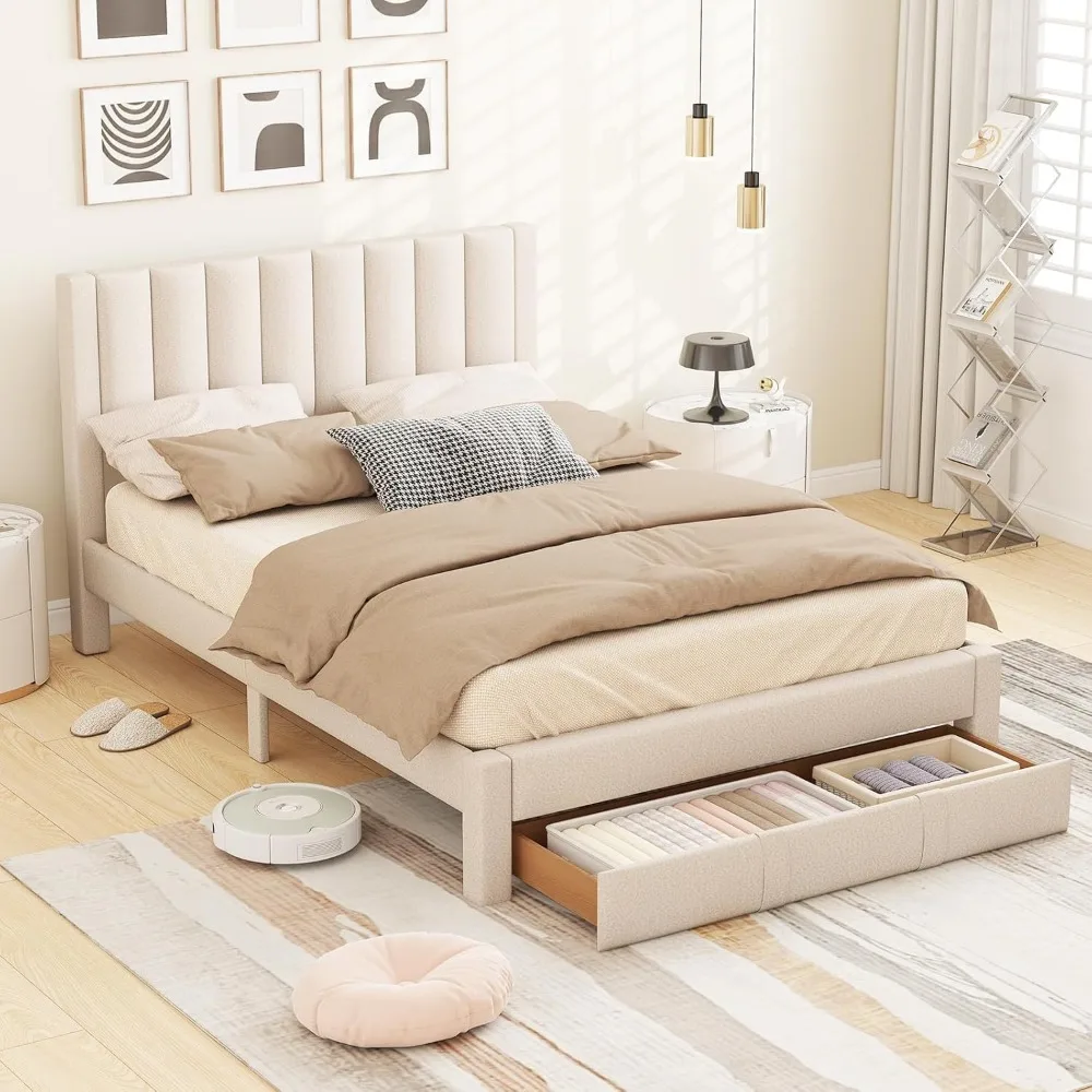 

Queen Size Bed Frame with Storage Drawer, Upholstered Velvet Platform Bed with Vertical Channel Headboard, Wooden Slats