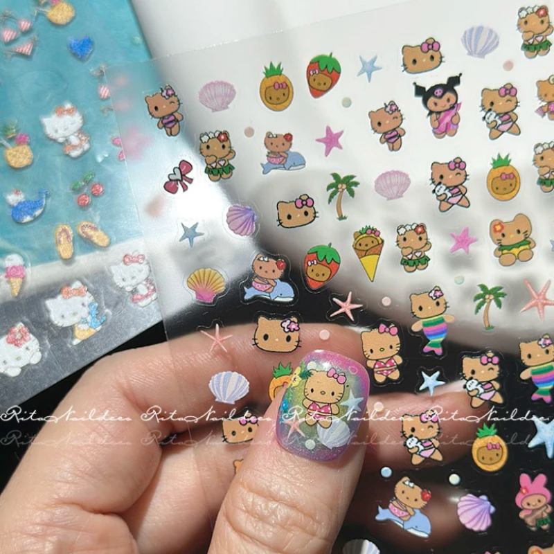 Cartoon Sanrio Nail Sticker Hawaiian Beach Healthy Skin HelloKitty Anime Stickers Nail Art Decoration DIY Accessories