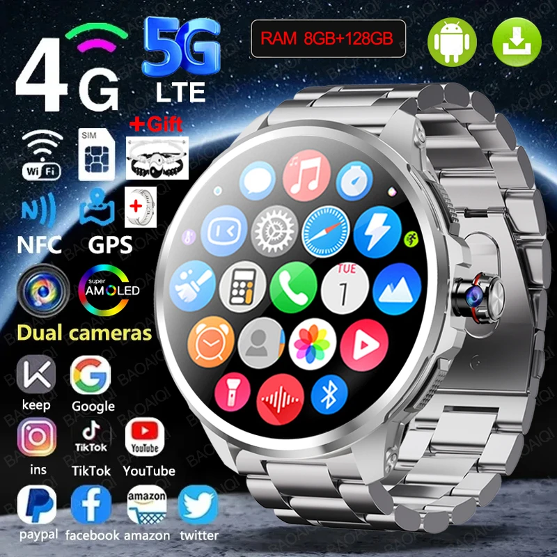 5G/4G All-Network Smart Watch 1.95 inch AMOLED 2100mah Battery 8GB+128GB RAM 900W Camera GPS WIFI Google APP Download Smartwatch
