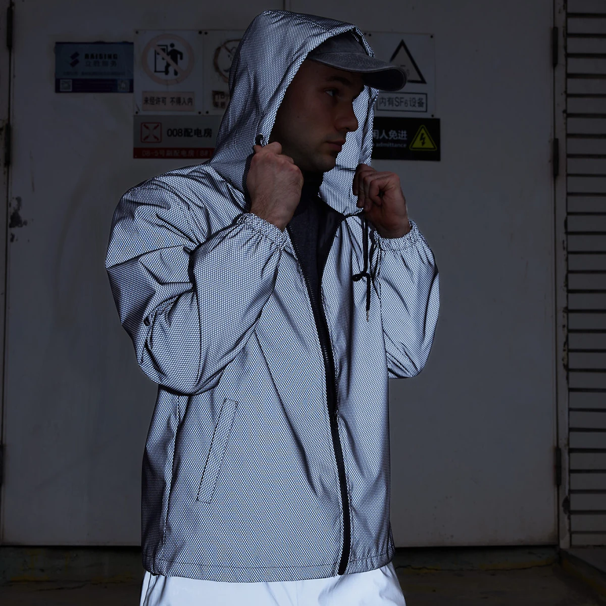Polka Dot Plaid Night Reflective Jacket Men's Outdoor Windproof Hooded Coats Streetwear Autumn Riding Running Casual Overcoat