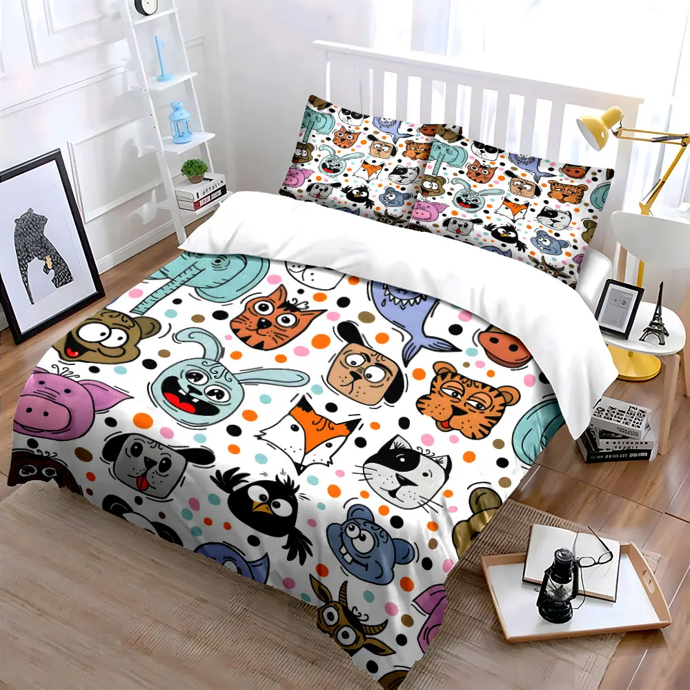 Cartoon animal faces with colorful dots Pattern Duvet Cover Set Digital Print Colorful Polyester Bedding with Zipper Closur