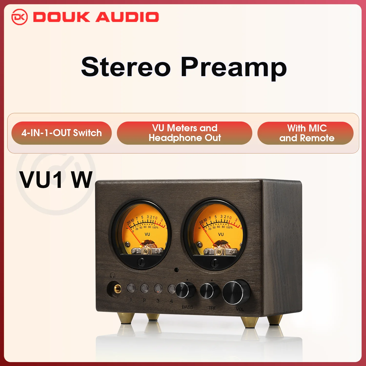 Douk Audio VU1-W 4-way Audio Switcher 4-IN-1-OUT Stereo Preamp Home Selector VU Meter with Remote Control
