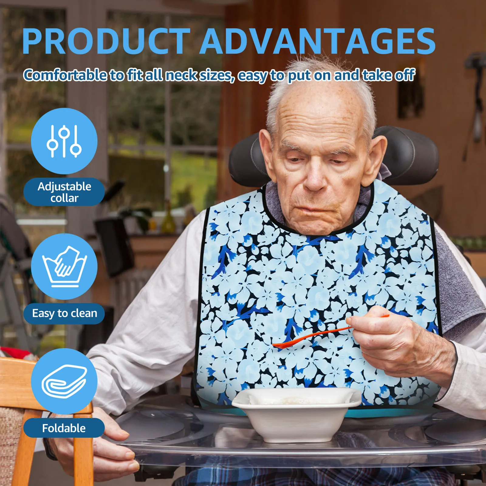3 Pcs Adult Bib Polyester Waterproof Clothing Protector with Crumb Catcher Exquisite Floral Design Washable Elderly Eating Bib