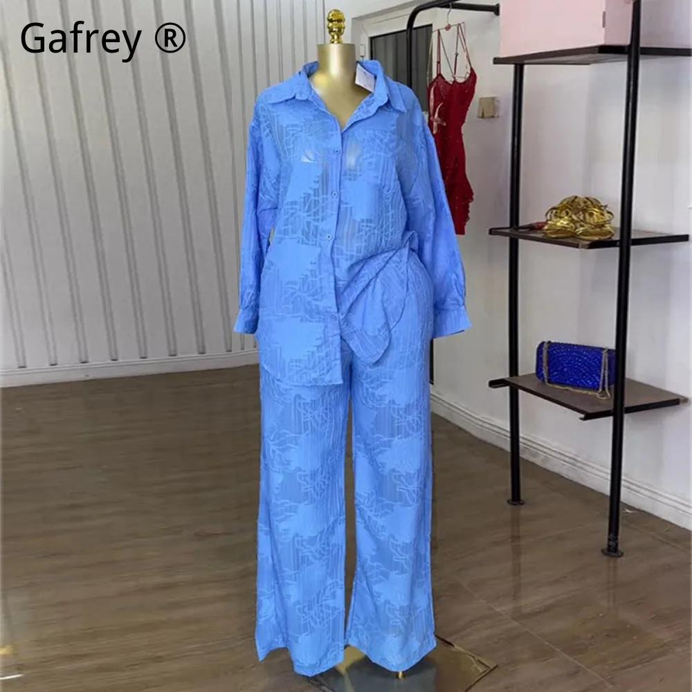 Women Sweet Fresh Collared Long Sleeve Shirt Patch Pocket Top High Waist Straight Leg Pants Set Summer Two Piece Outfit