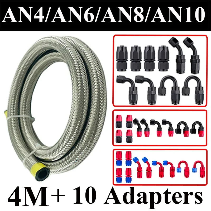 4M AN4 AN6 AN8 Fuel Hose Oil Gas Cooler Hose Line Pipe Tube Stainless Steel CPE Rubber 4x0 2x45 2x90 2x180 Degree End Fittings