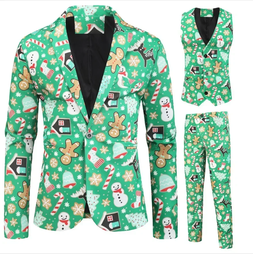 New Men's Casual Three Piece Sets  Christmas Printing Blazers Jackets+Vest+Pants Party Banquet Wear Men's Flower Suits Sets