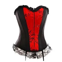 Women Sexy Satin Lace Trim Overbust Corset Vintage Brocade Floral Bustier Top Lace Up Lingerie Tops Plus Size Bodyshaper Corsets