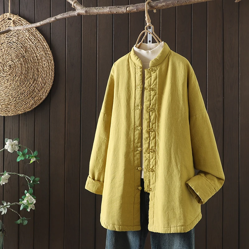 

Высококачественная зимняя утепленная хлопковая куртка для женщин в стиле дзен, с подкладкой из стираного хлопка, на пуговицах, с длинными рукавами, стандартной длины