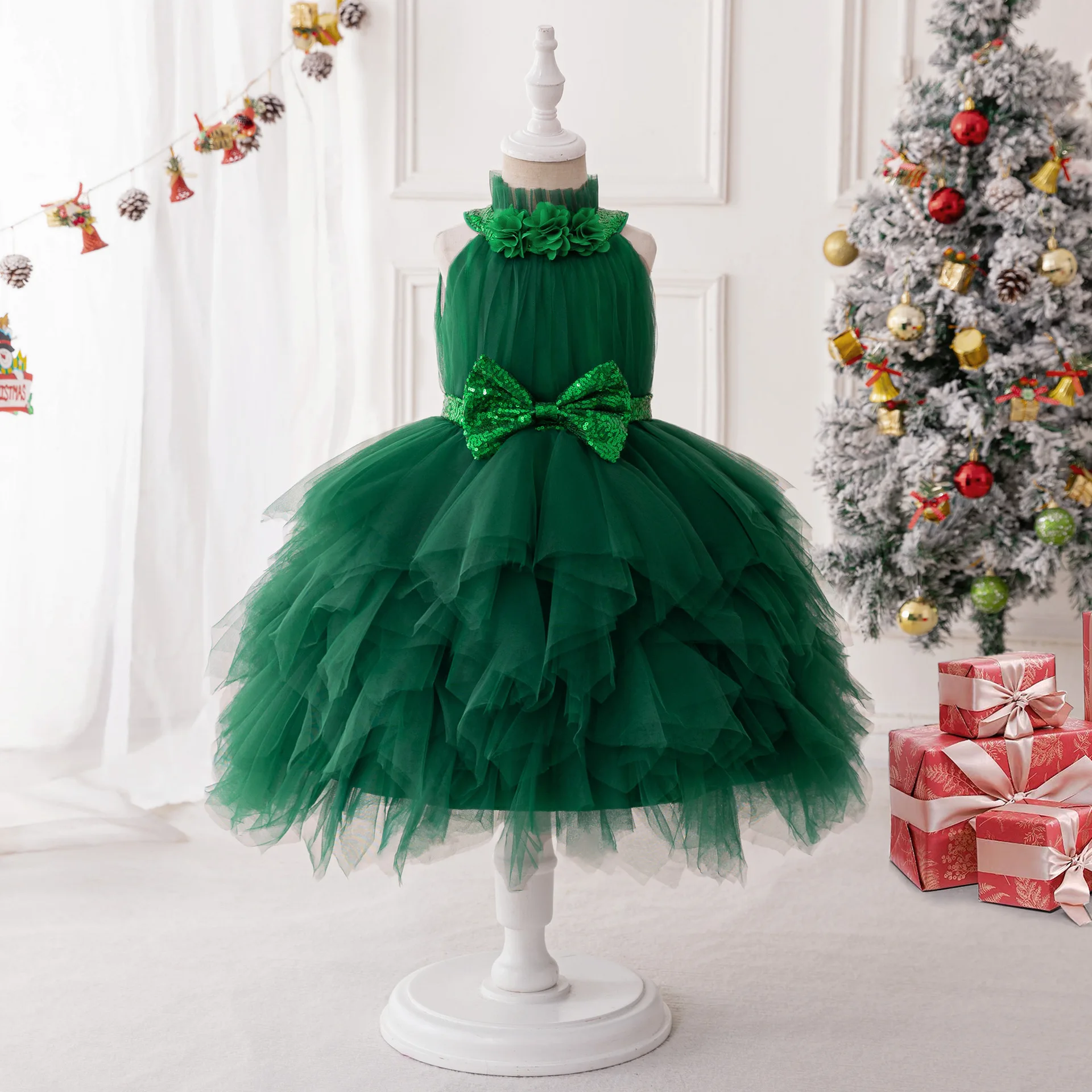 

Gilrs Luxury Girl Dress Girl Christmas Costume Sleeveless Mesh Bow Tutu Fashions Green Elegant Festive Party Princess Dress