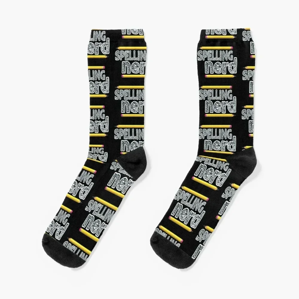 Spelling Nerd. Funny Statement for Proud Proper Spelling Lovers. Yellow Pencils with Black Letters. (Black Background) Socks