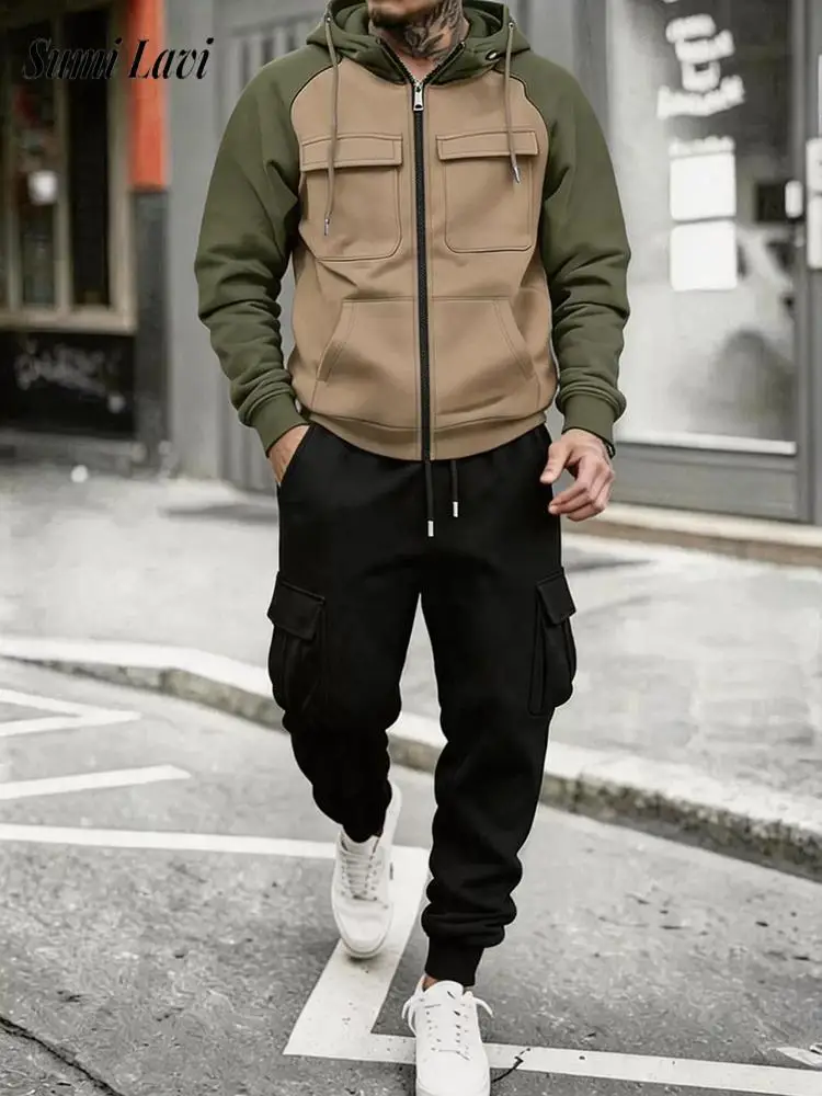2026 Autumn Winter Vintage Hooded Two Piece Set Fashion Contrast Color Cargo Pocket Tops And Trousers Tracksuit Daily Casual Men