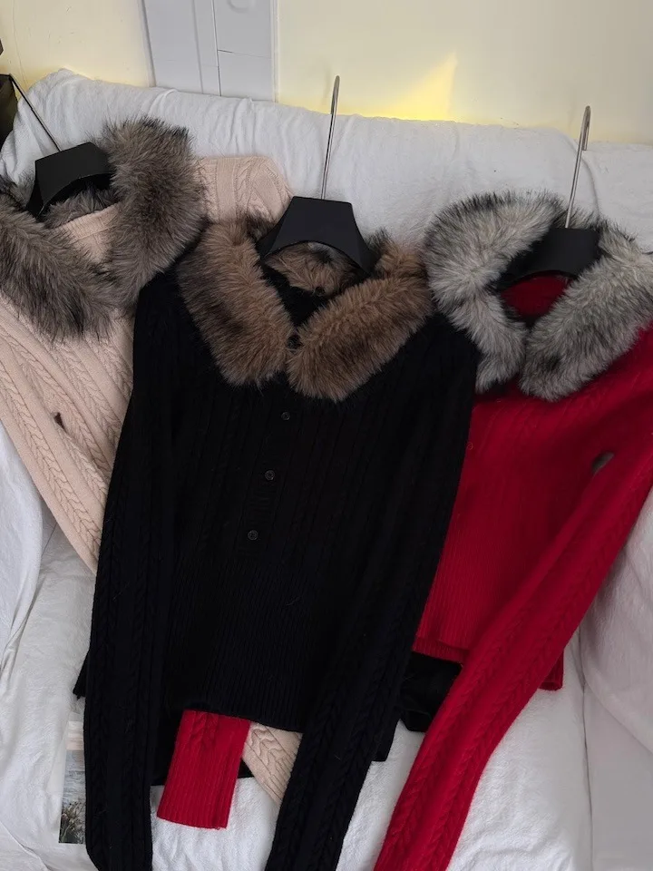 Suéter de punto Retro para mujer, corte entallado, cintura ceñida, cuello abierto, adorno de piel sintética, Top elegante Sle para otoño e invierno