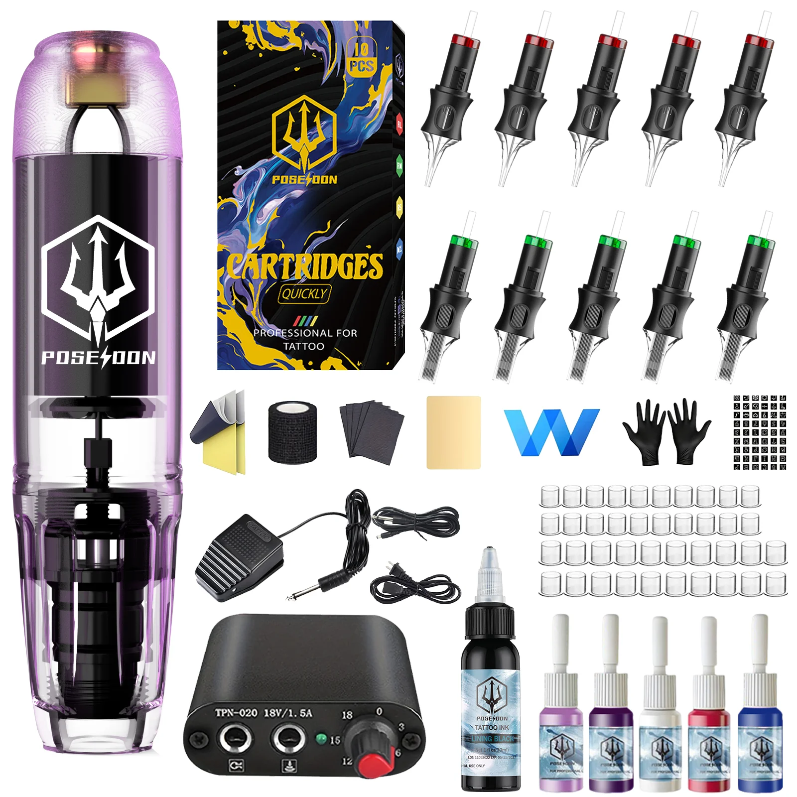 

Tattoo Kit POSEIDON Wired Tattoo Tattoo Pen Kit For Permanent Makeup Tattoo Machine Kit Purple Tattoo Power Supply Tattoo Gun Ki