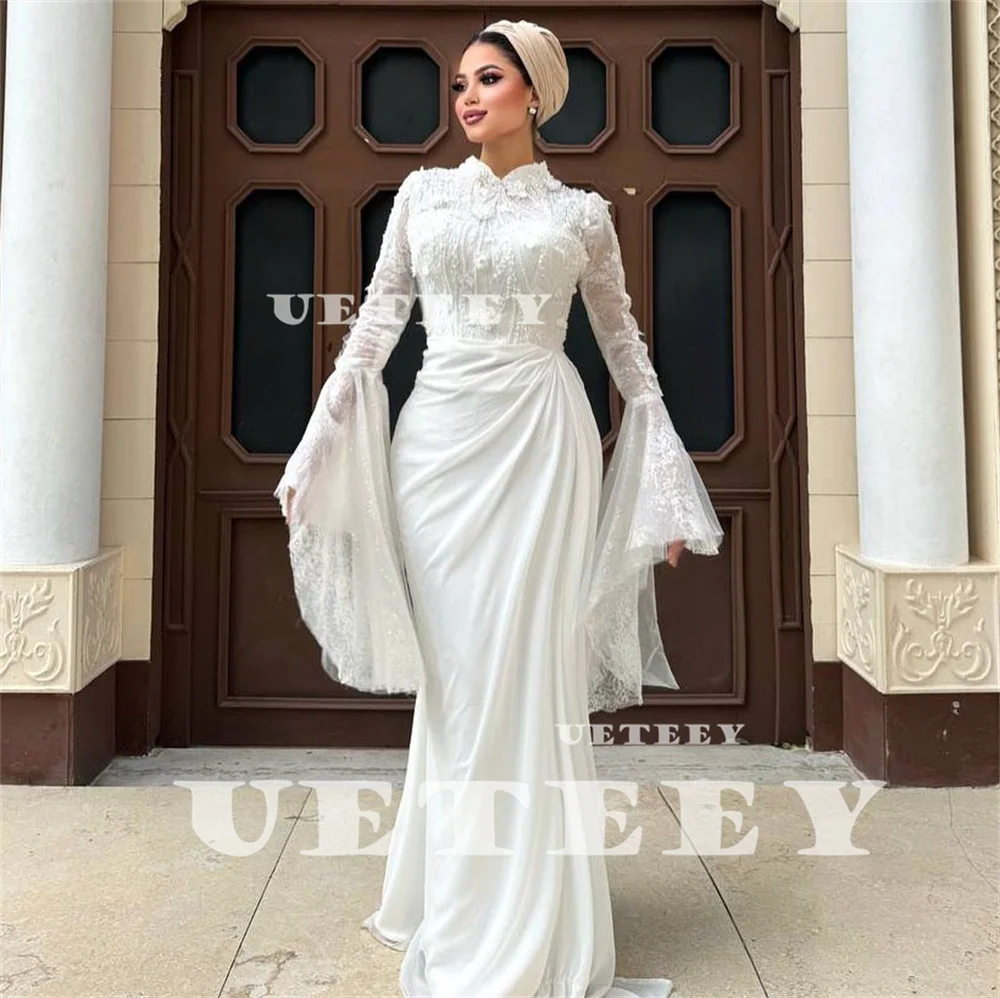 UETEEY Customized Muslim High Neck Lace Long Flare Sleeves Mermaid Wedding Dress Women Pleats Floor Length vestidos de novia