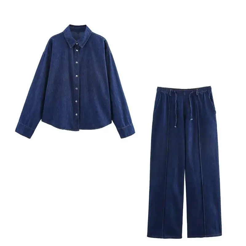 

Women's Denim Shirt Wide Leg Pants Fashion Set Long Sleeve Winter Outfit Three Pieces Long Pants European Style Work Uniform