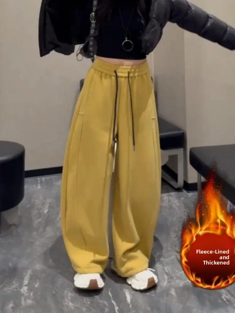 

Women's Fce Lined Straight Leg Thiened Pants Yellow Casual Trousers High Waist ket Detail Commute Sle Korean Faion
