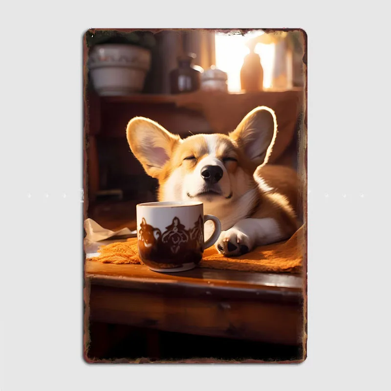 

Настенный плакат Corgi Coffee щенок, металлический знак, декор для стен в гаражной комнате, жестяной винтажный домашний декор