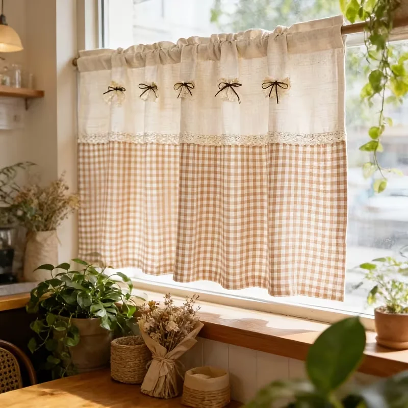 1pc Rustic Gingham Cafe Curtain, Rod Pocket Lace & Bow Decor Half Window Drapes for Kitchen Cabinet