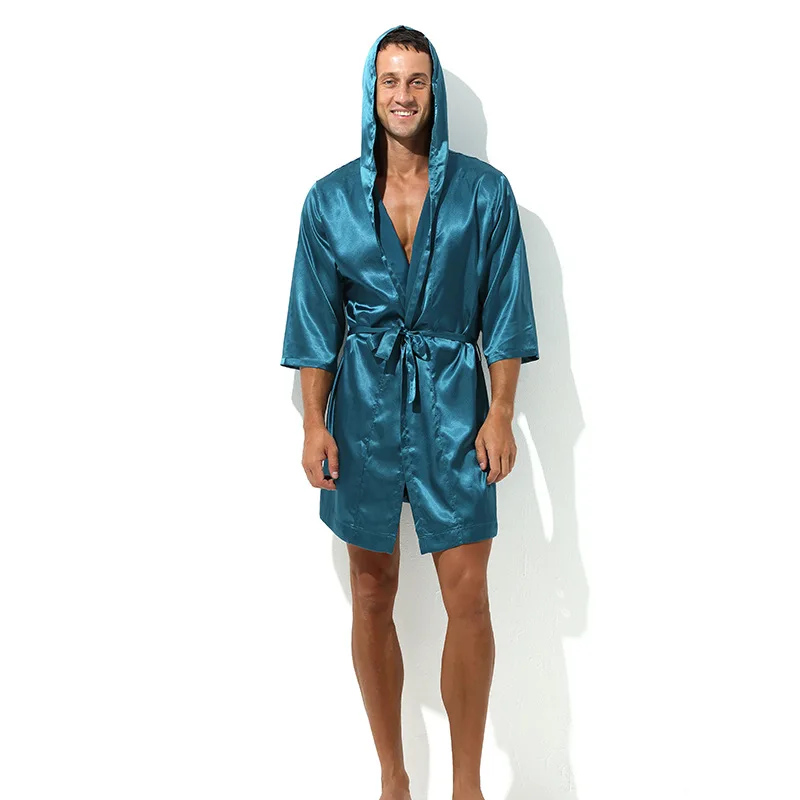 Male Half Sleeve Bathrobe Gown Hooded Robe Silk Satin Kimono Sleepwear Nightgown Men Loose Nightwear Loungewear Thin Lingerie