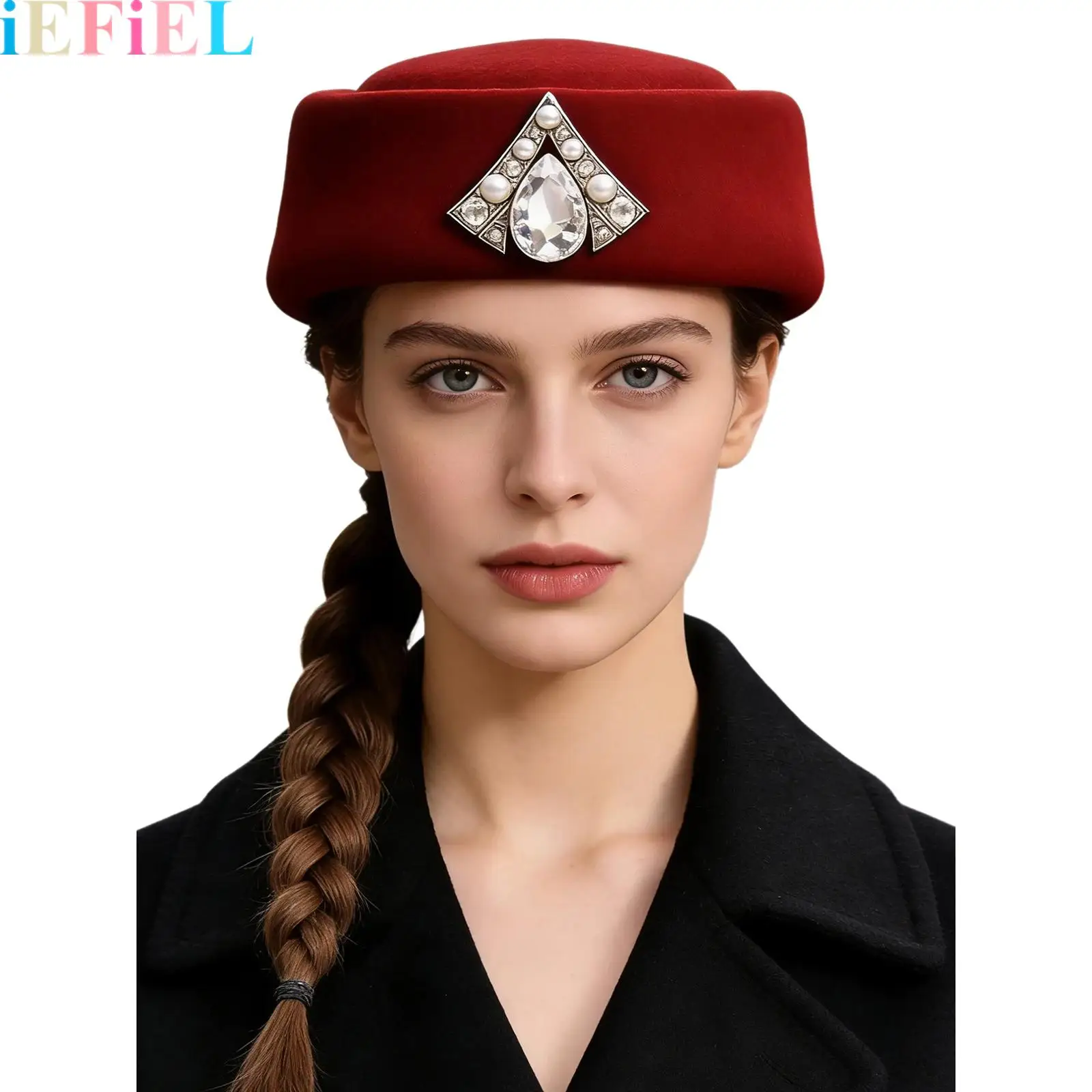 

Women Vintage Felt Stewardess Pillbox Hat Flight Attendant Uniform Solid Color Cap Adorned with Rhinestone