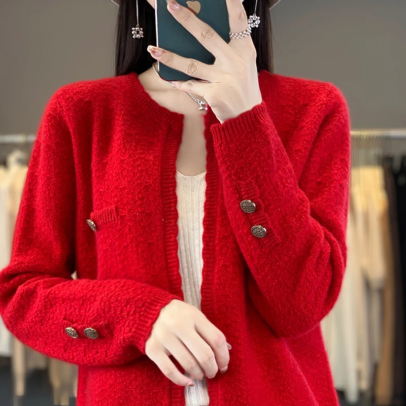 100% Pure Wool Cardigan Round Neck Sweater Women\'s 2024 Spring/Autumn New Knit Cashmere Jacket Korean Luxury Loose Sweater Coat