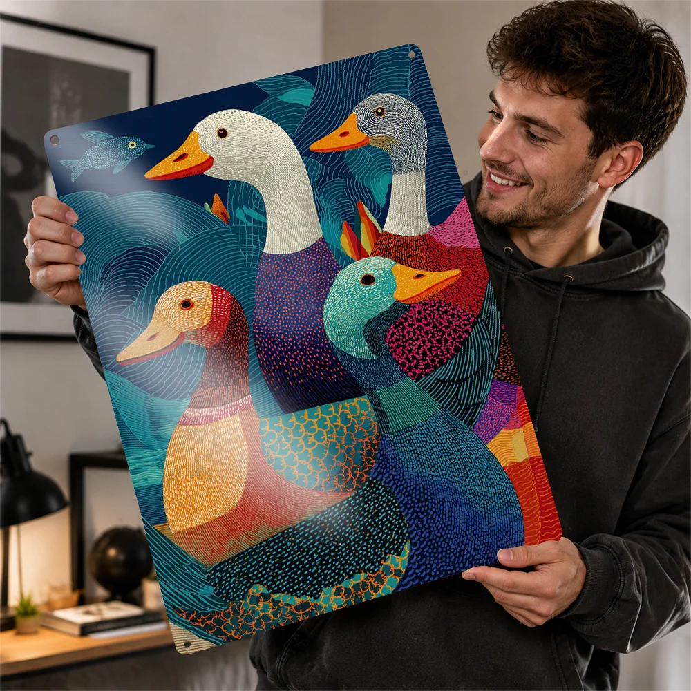 Colorful Ducks In A Textured Landscape Printed Poster Customized Aluminum Metal Sign Wildlife Scene Wall Art Fits Living Rooms