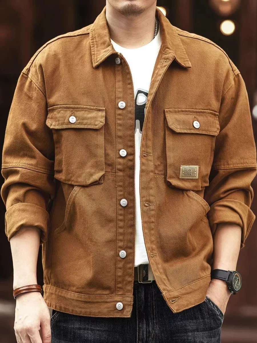 Men's Casual Loose Fit Denim Jacket Workwear Durable Dirt Resistant American Style Versatile Youthful Autumn Outerwear