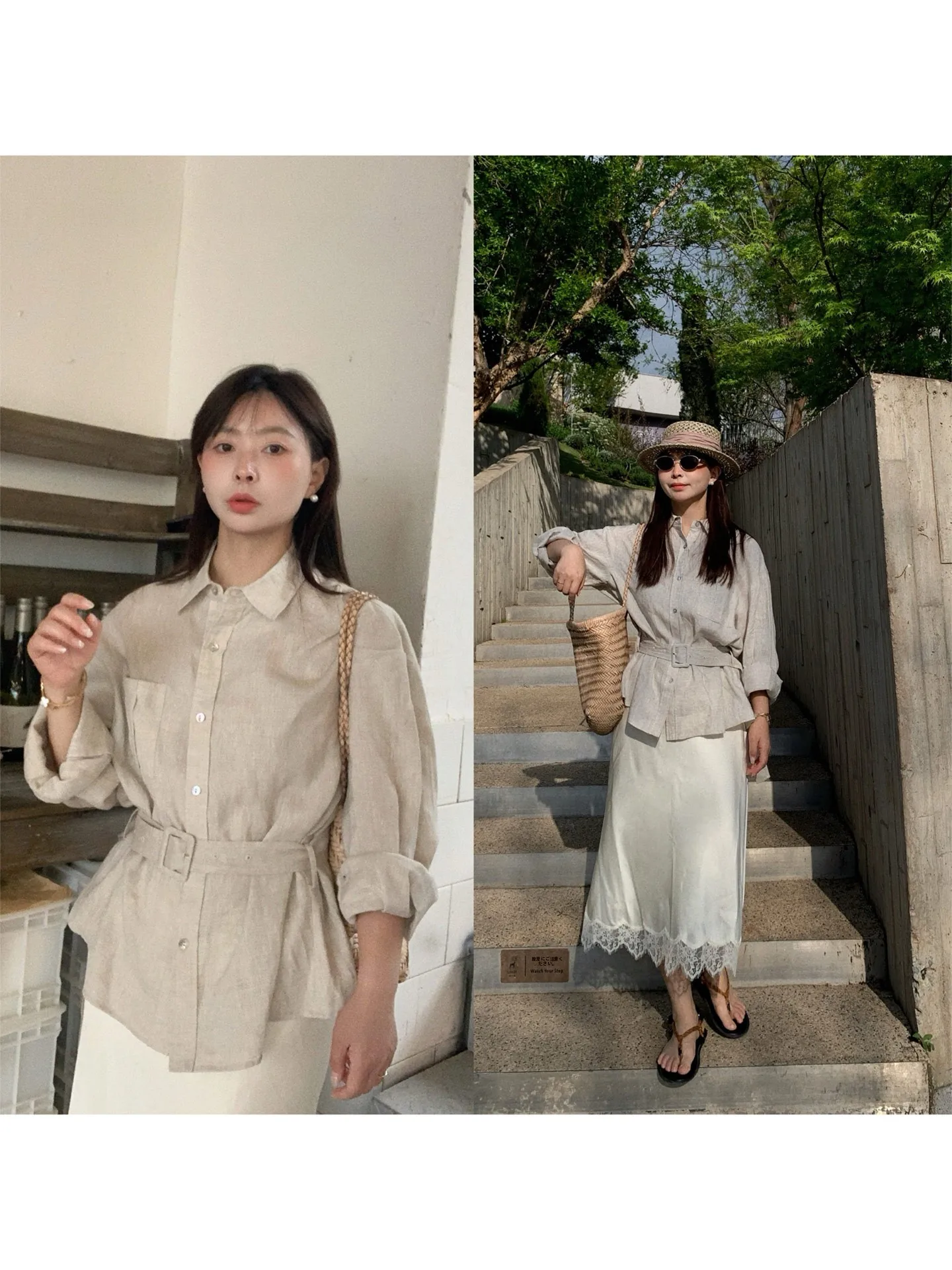 

Elegant Commuter Style Women's Long Sleeve Linen Shirt Slim Fit Waist Cinched Midi Length Fashionable Korean Straight Cut