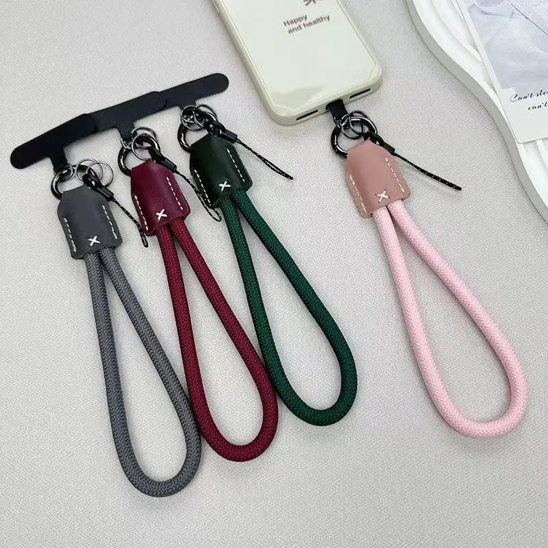 New Nylon Wrist Mobile Phone Lanyard Pu Leather Head Braided Short Anti-drop Mobile Phone Rope Clip Mobile Phone Shell Rope