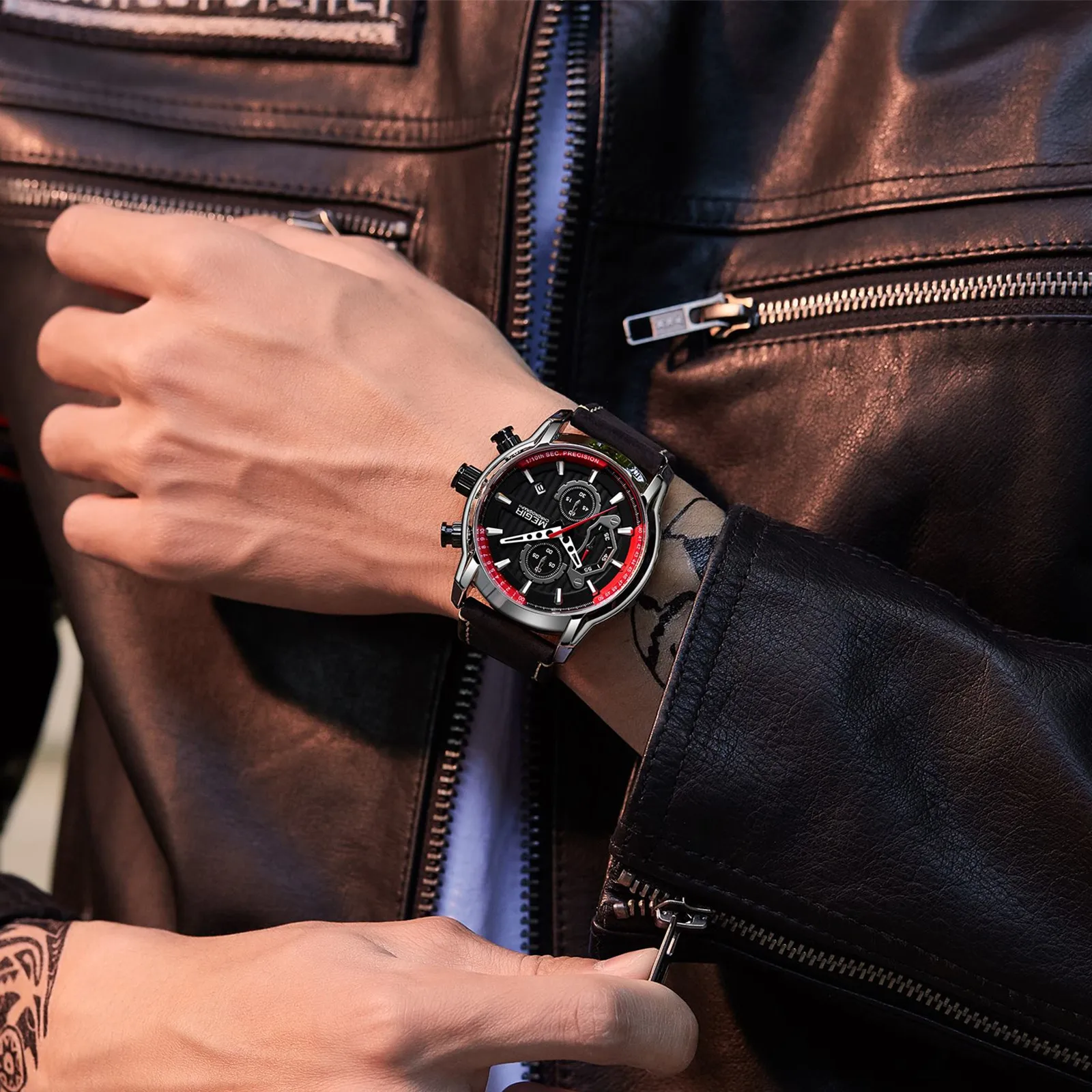 MEGIR 46MM Round Dial Wristwatch for Men Luxury Waterproof Quartz Chronograph Luminous Hands Sport Leather Watches Relogio