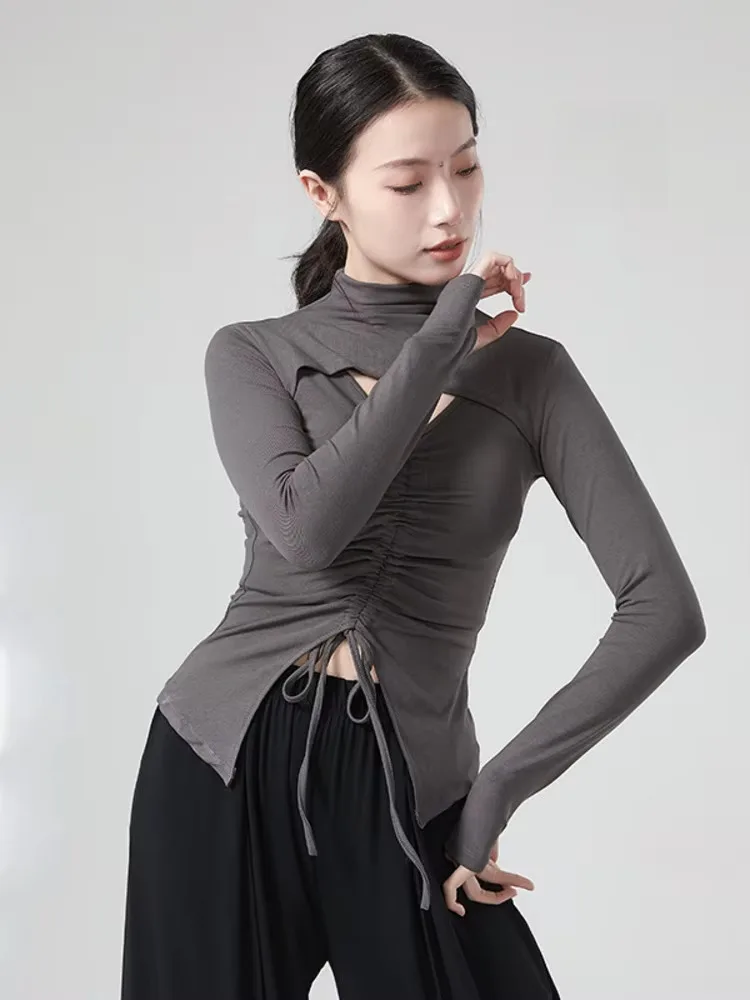 Top de manga larga ajustado con cuello alto y cordón de color liso para mujer – Ropa de actuación de danza clásica