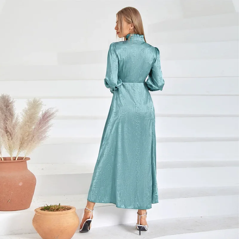 Women Eid Muslim Dresses Lantern Sleeve Turtleneck Gorgeous Dubai Party Dress Vestidos High Waist Solid Color Elegant Kaftan