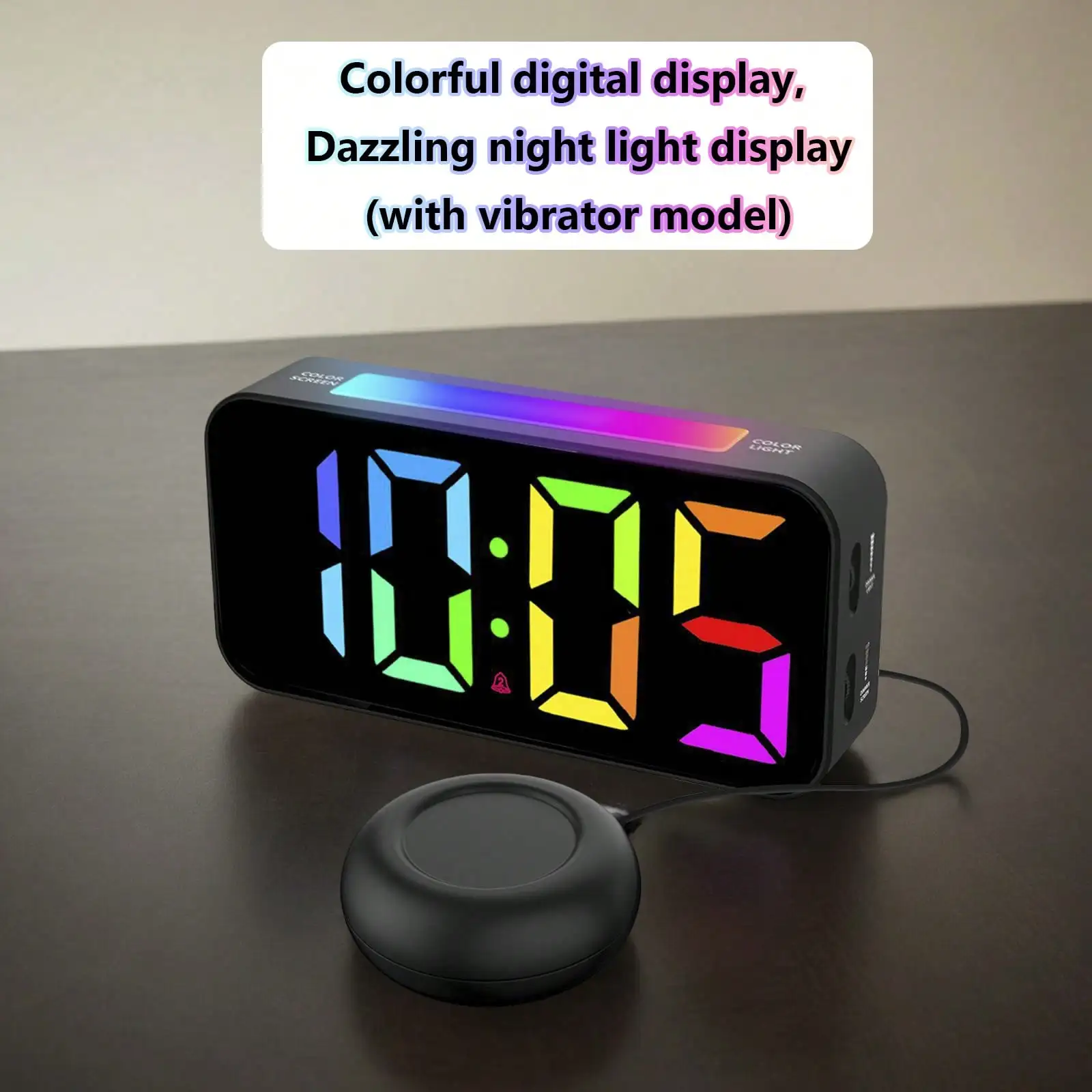 1 RGB color display vibrating alarm clock; Bedside clock, 12/24-hour display, dual alarms (powered by USB)