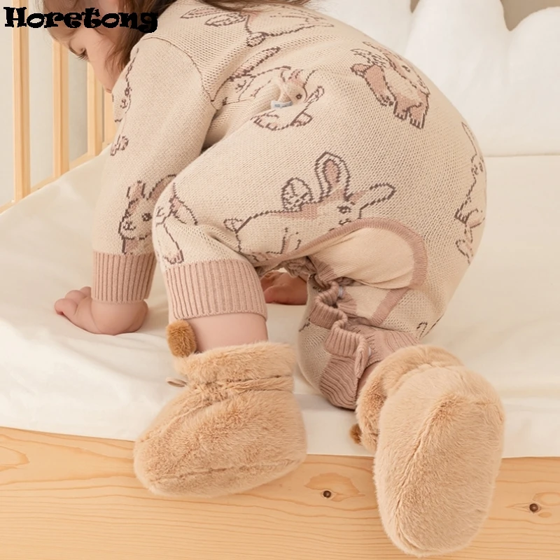 2024 New Baby Shoes Drawstring Soft Sole Winter Newborn Fur Shoes Coral Fleece Thickened Warm Prewalker Cute Animal Patterns