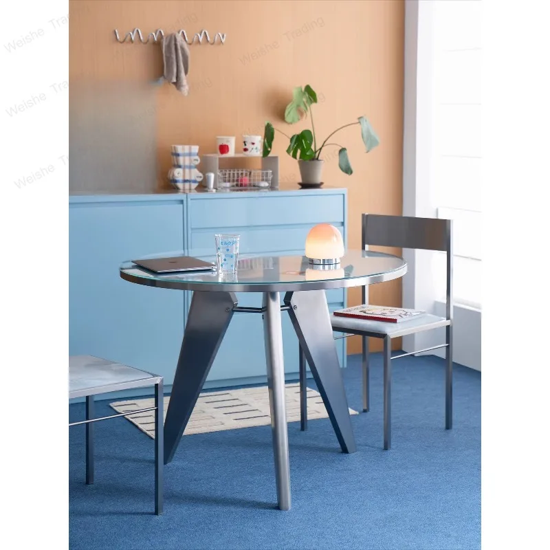

Round table, blue, Korean-style household small apartment solid wood stainless steel dining table