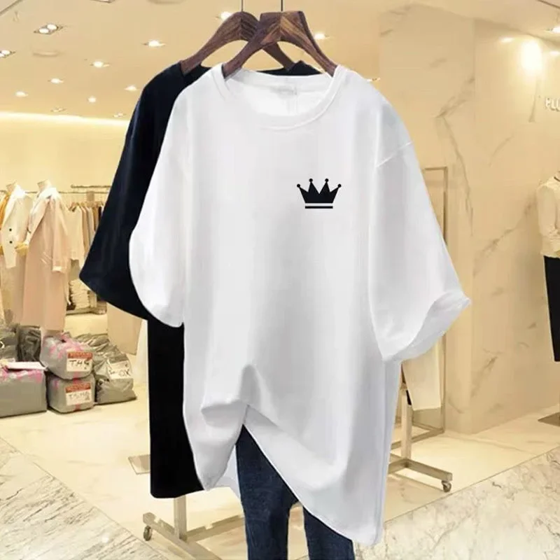 

Summer Pure Cotton Casual Loose T-shirt Women Clothing Fashion Crown Printing Basics Tees O-neck Tops