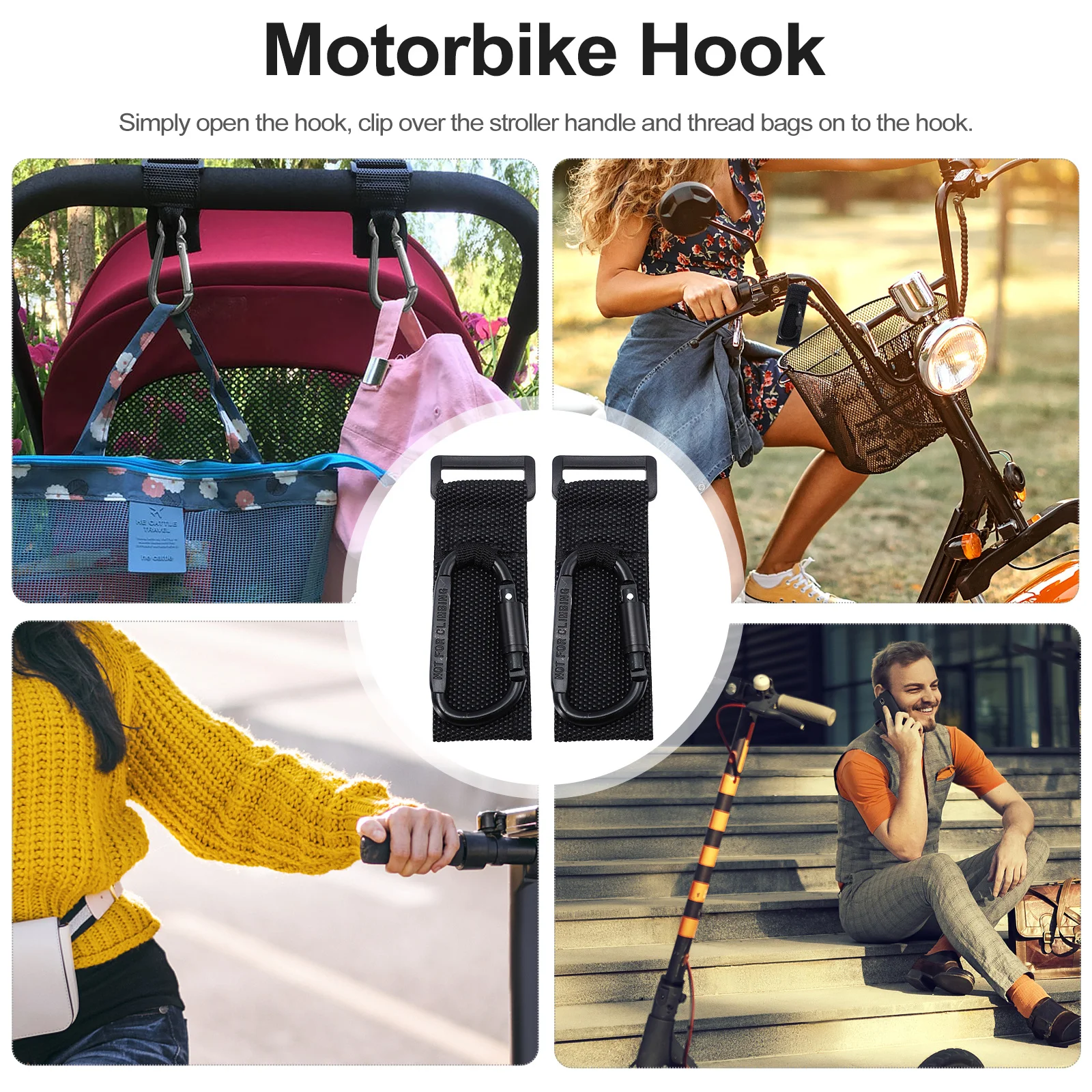 Gancho ajustable para motocicleta, colgador giratorio de 360 grados para cochecito, bolsa de guardería, organizador de almacenamiento con Clip para cochecito, 2 uds.