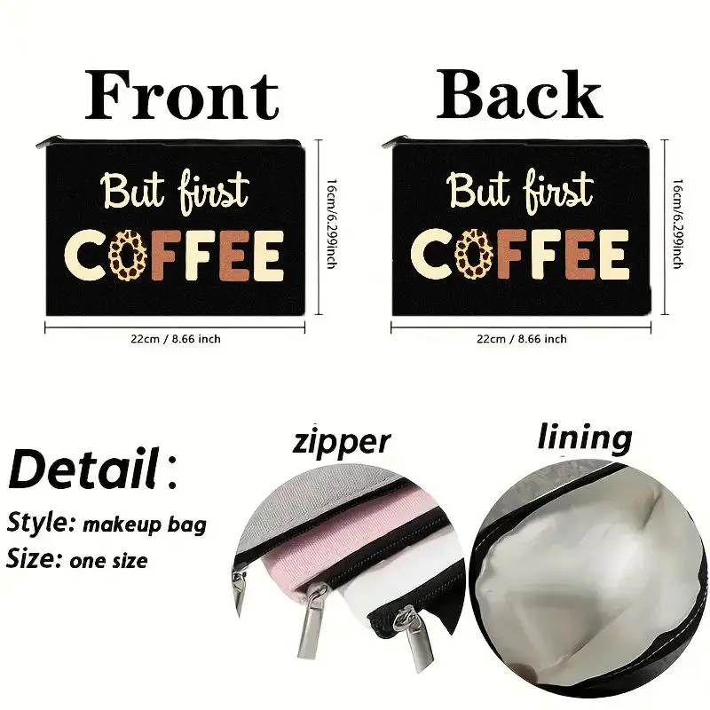 Fashionable makeup bag，Black Zipper Women's Makeup Bag，Lightweight and portable toiletry storage bag，Fun coffee theme with fashi