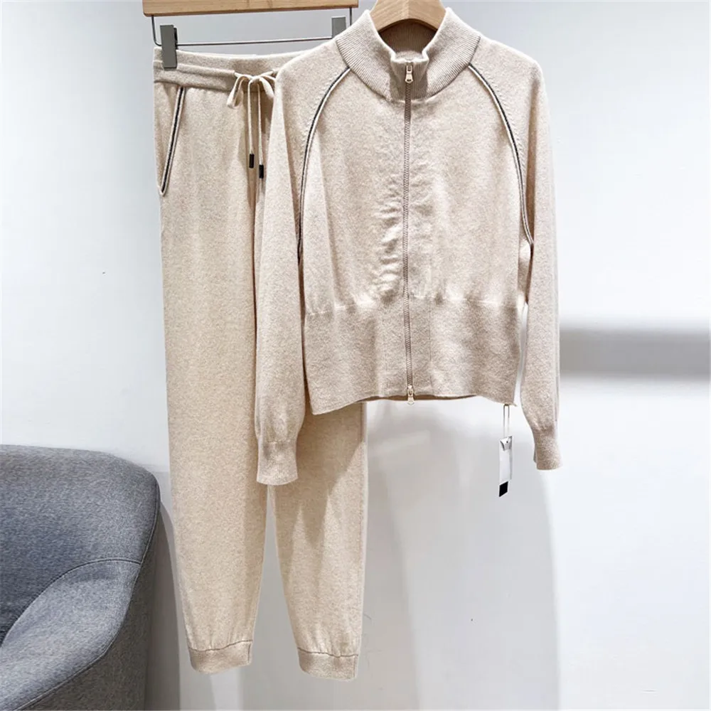 100% Cashmere Long Sleeve Casual Style Knitted Tracksuit Women Two Piece Set